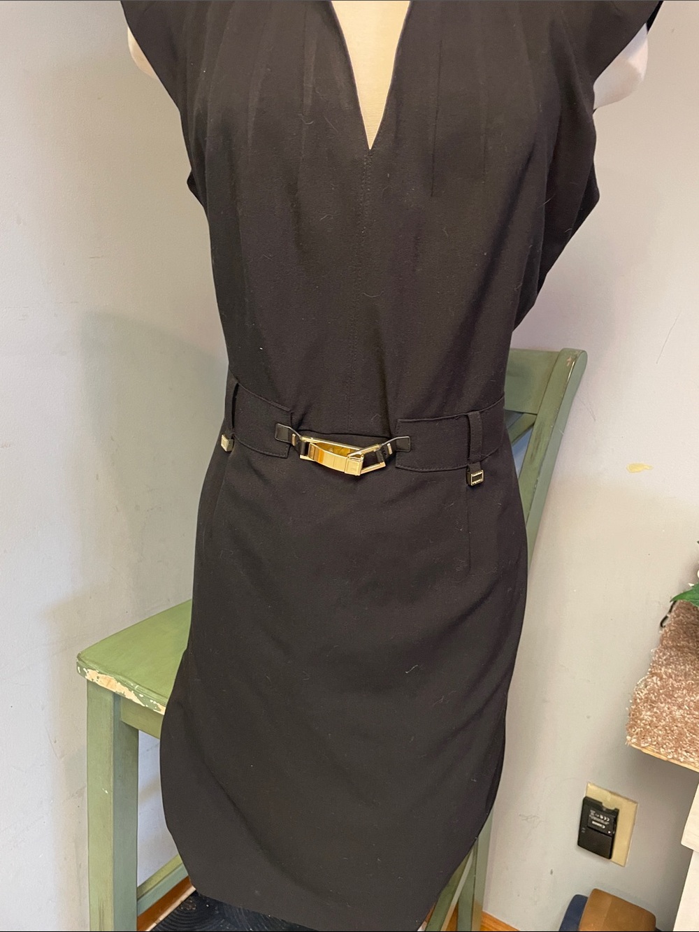 Calvin Klein Black Midi Sheath Dress with Gold Buckle
